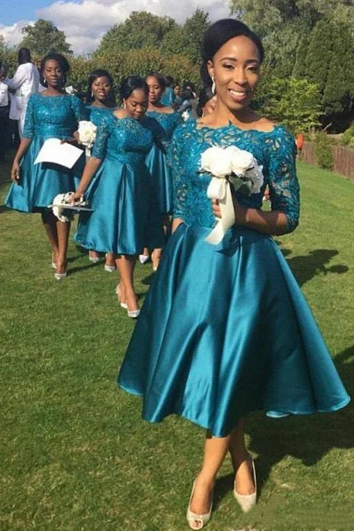Empire Waist Gown Tea-Length Half Sleeves Dark Turquoise Bridesmaid Dress