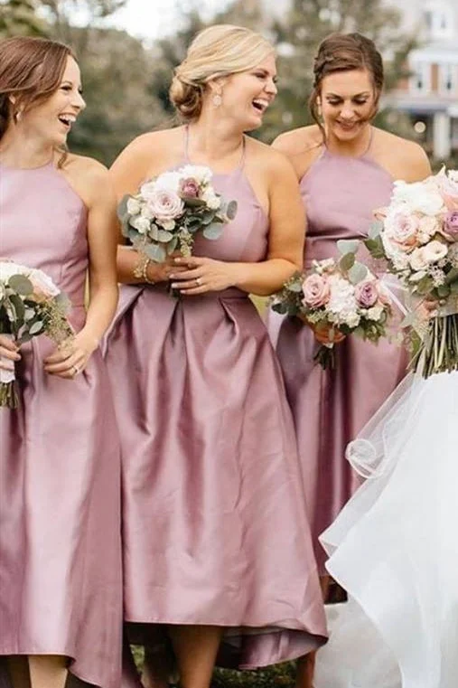 Tea Length Halter Dusty Rose Bridesmaid Dress