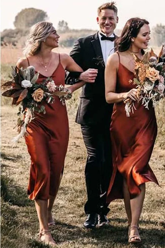 Classic Satin Dress Tea-length Mermaid Straps Rust Bridesmaid Dress