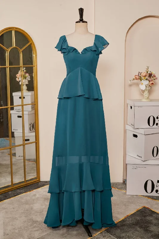 Strapless Dress Teal Ruffle Tiered Chiffon Long Bridesmaid Dress