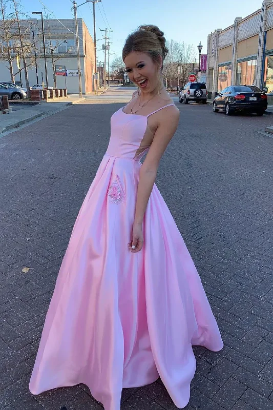 Chic Minimalist Dress Pink Satin A-Line Beads Long Party Dress with Pockets,DP1287