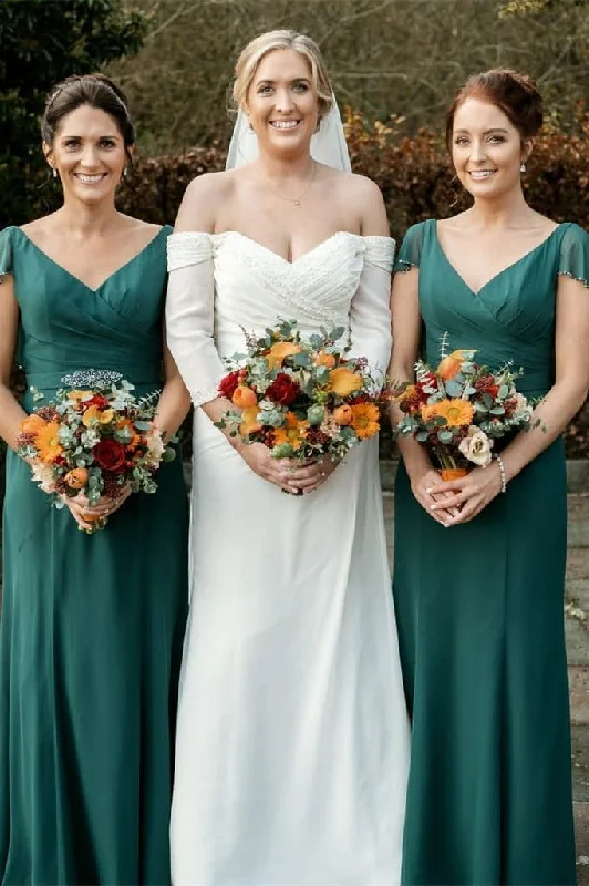 Teal V-Neck Pleated Chiffon Bridesmaid Dress