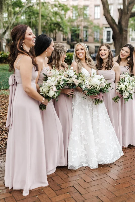 Garden Wedding Dress Tie Back Blush Pink A-Line Long Bridesmaid Dress