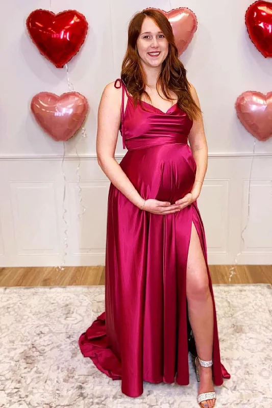 Hand-Beaded Gown Tie Shoulder Burgundy A-Line Pregnant Bridesmaid Dress