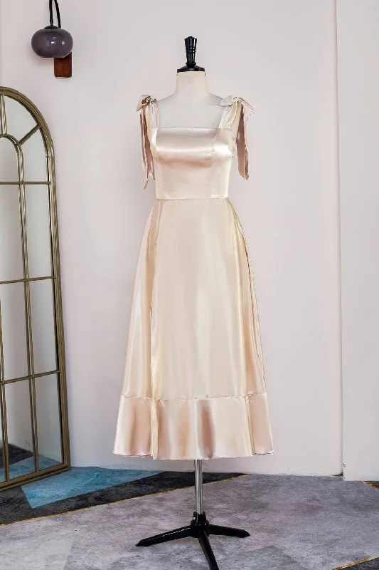 Vintage Gown Tie Shoulder Champagne Slit Midi Bridesmaid Dress