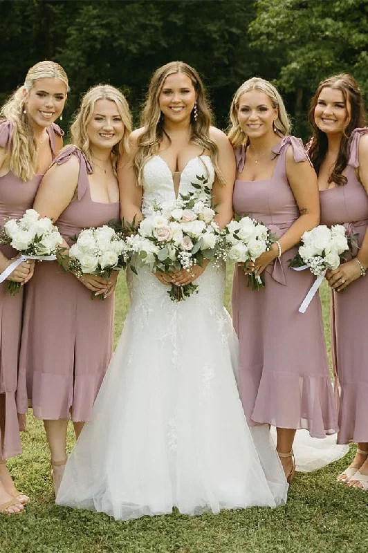 Romantic Lace Dress Tie Shoulder Dusty Rose Square Neck Chiffon Midi Bridesmaid Dress