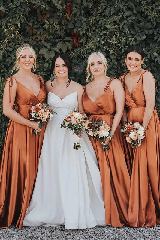 Luxury Gown Tie Shoulder V-Neck Burnt Orange Long Bridesmaid Dress