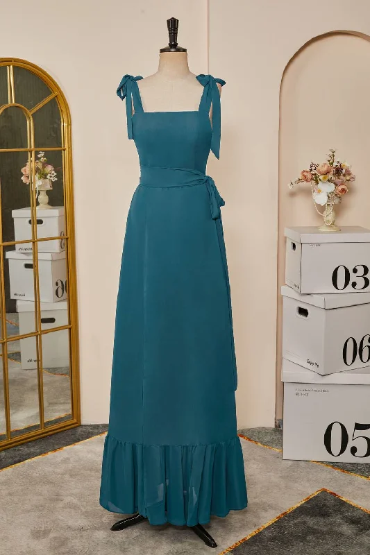 Modern Gown Tie Straps Teal A-Line Bridesmaid Dress with Detachable Sash