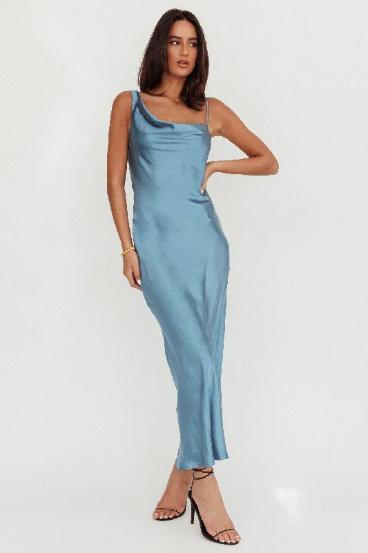 Tailored Wedding Dress Treats Cowl Back Satin Maxi Dress Steel Blue