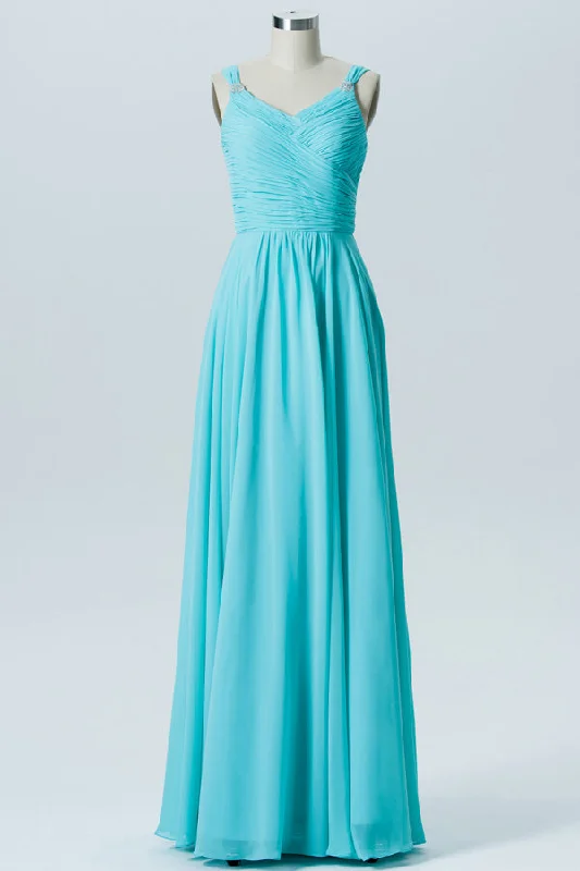 Turquoise Straps Pleated Bridesmaid Dress