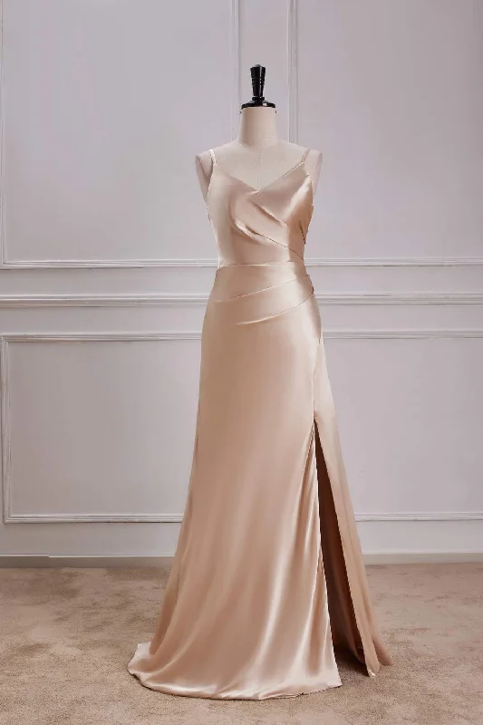 Short Sleeve Dress V-Neck Champagne A-Line Bridesmaid Dress with Slit