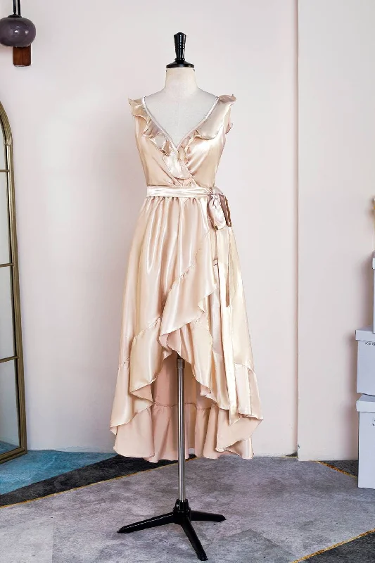 Elegant Dress V-Neck Champagne Ruffle Wrap Midi Bridesmaid Dress