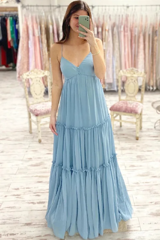 Open Back Dress V-Neck Dusty Blue Empire Long Bridesmaid Dress