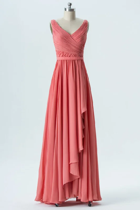 V-Neck Fulle Pleated Coral Bridesmaid Dress with Ruffles