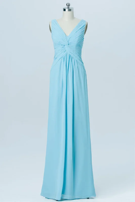 V-Neck Light Blue Ruched Chiffon Bridesmaid Dress