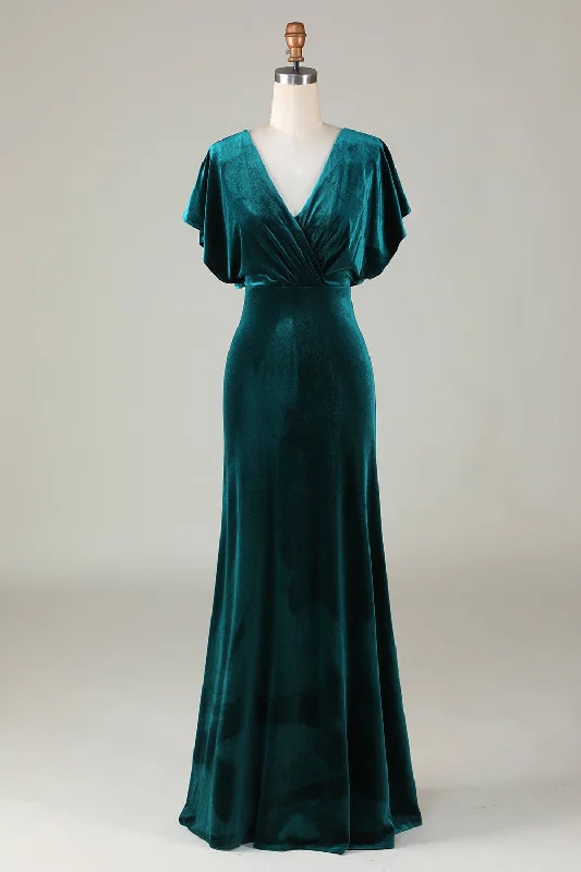 Royal Gown V-Neck Peacock Green Ruffle Sleeves Vlevet Bridesmaid Dress