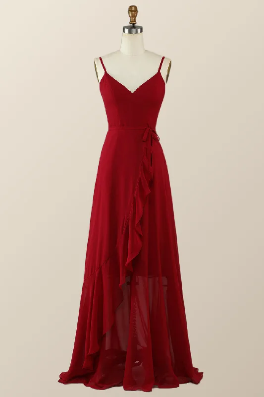 Short Wedding Dress V-Neck Red Wrap Ruffle Long Bridesmaid Dress
