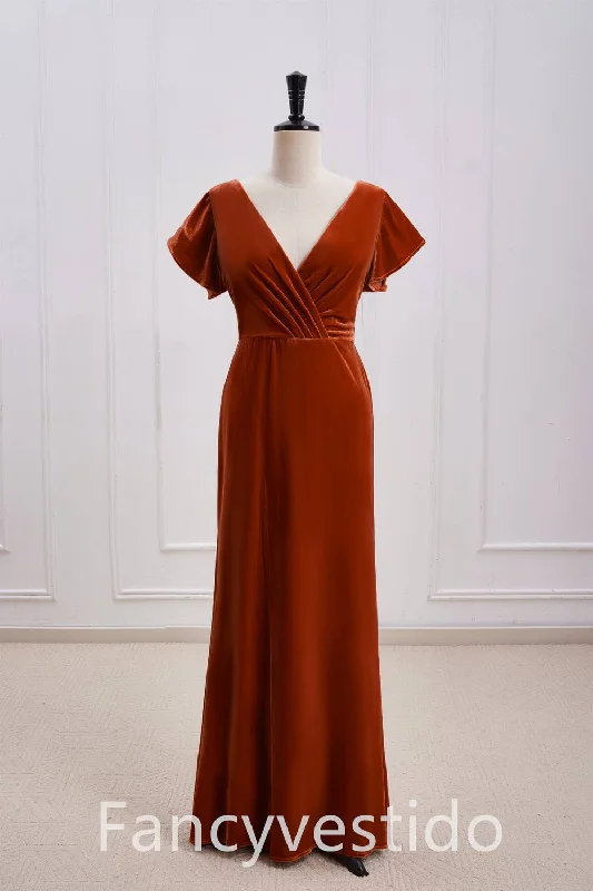 Handcrafted Wedding Gown V-Neck Rust Orange Velvet Long Bridesmaid Dress