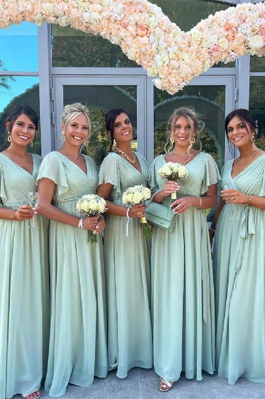 Luxury Lace Gown V-Neck Sage Green Pleated Chiffon Bridesmaid Dress