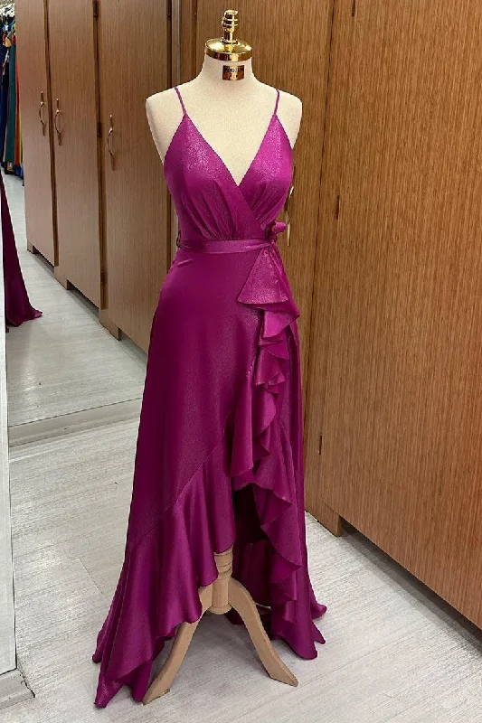 Chic Minimalist Dress V-Neck Straps Fuchsia Hi-Low Bridesmaid Dress with Belt