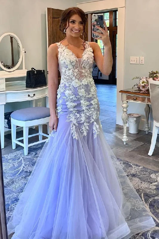 Timeless Lace Dress Lilac Backless Tulle Appliques Mermaid Long Prom Dress,DP1296