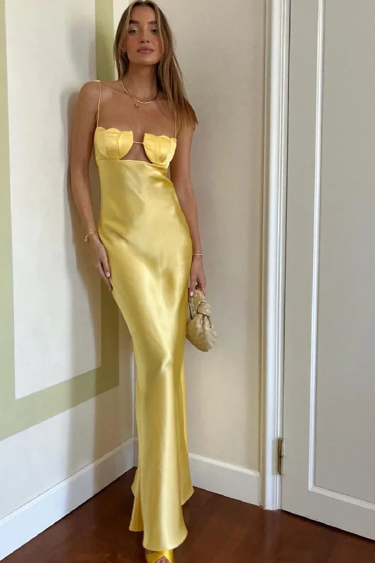 Dramatic Train Gown Yellow Spaghetti Straps Long Prom Dress Wedding Guest Dress,DP1445