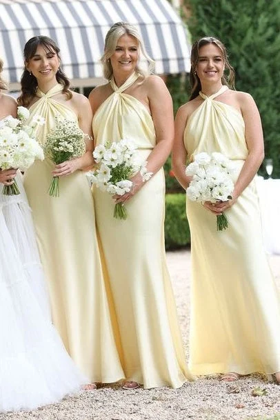 Ornate Lace Dress Yellow Halter Long Bridesmaid Dress with Twist Knot