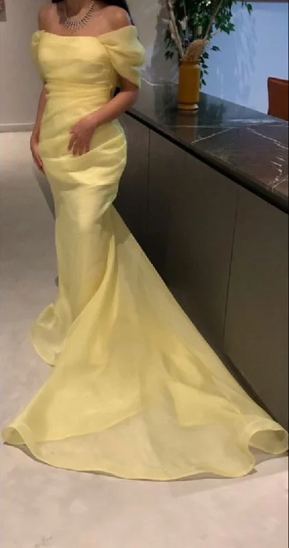 Open Back Dress Charming Yellow Off-The-Shoulder Mermaid Long Prom Dress,DP1110