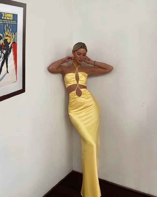 Tulle Ball Gown Yellow Halter Backless Slit Long Prom Dress Wedding Guest Dress,DP1446