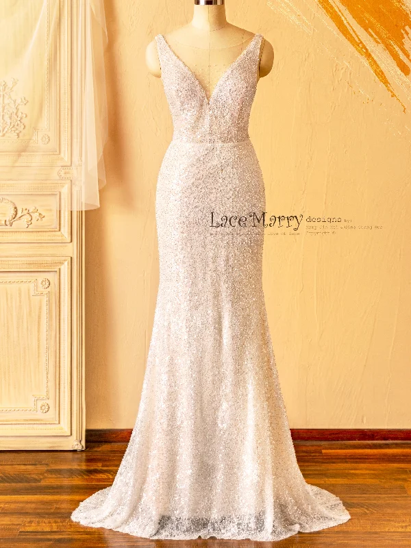 ZURI / Elegant Sparkling Wedding Dress with Illusion Neckline and Deep V Back